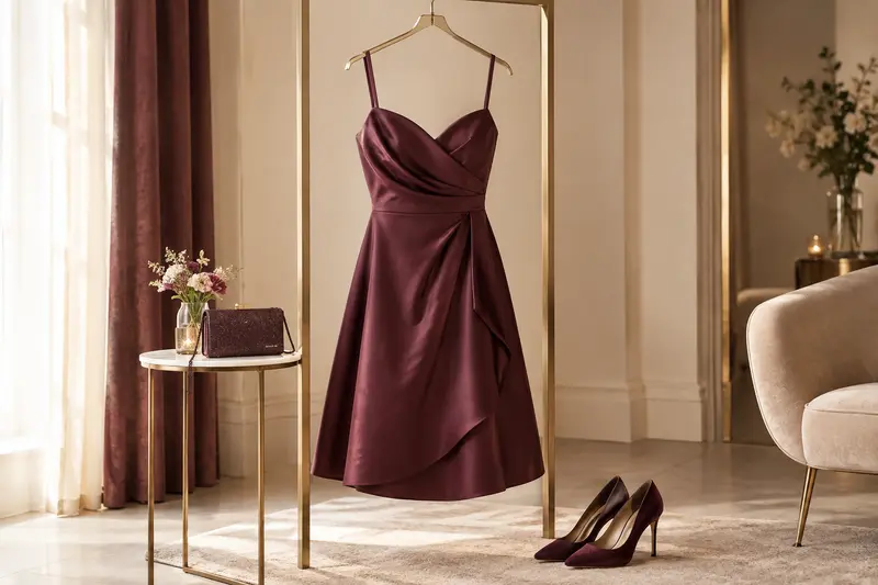 Robe cocktail élégante exposée avec un sac de soirée dans un décor raffiné