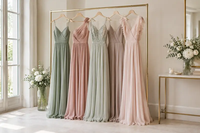 Robes de demoiselles d’honneur coordonnées exposées avec un bouquet clair