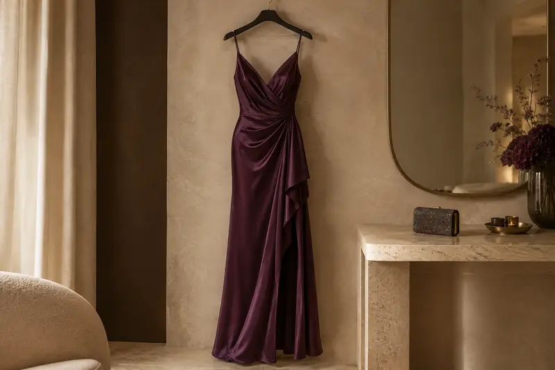 Robe de soirée suspendue près d’une pochette dans un décor élégant