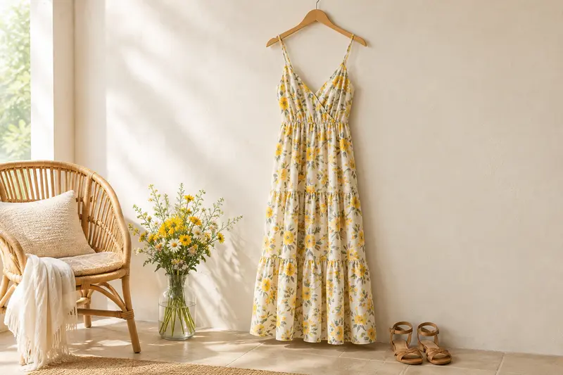 Robe d’été à imprimé léger présentée avec des accessoires estivaux sobres