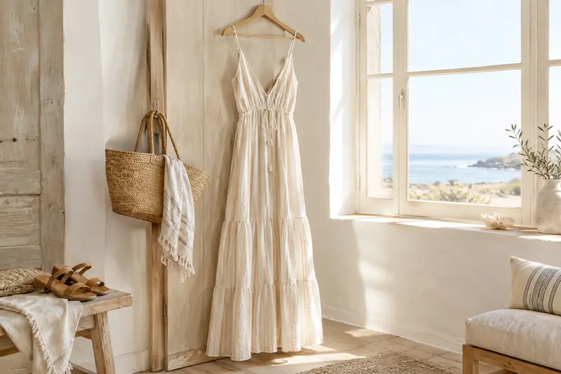 Robe de plage légère suspendue près d’un panier tressé et de sandales