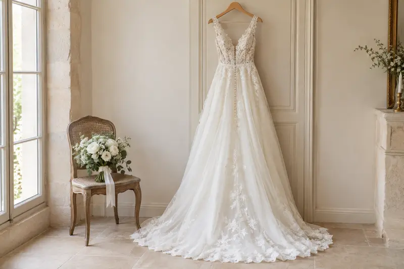 Robe de mariée ivoire exposée avec un bouquet dans un atelier lumineux
