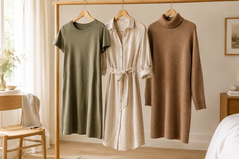 Robes du quotidien présentées sur des cintres dans un décor clair et chaleureux