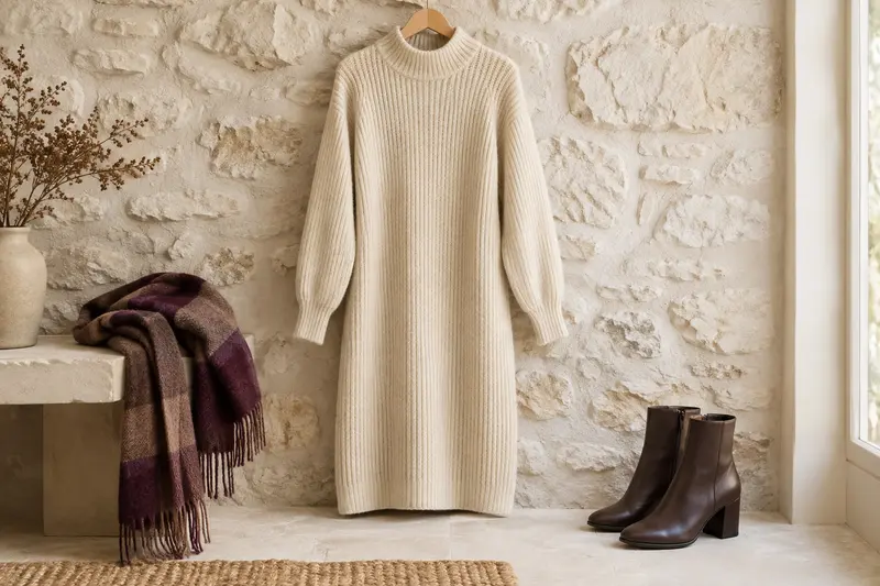 Robe pull en maille exposée avec des accessoires sobres de saison