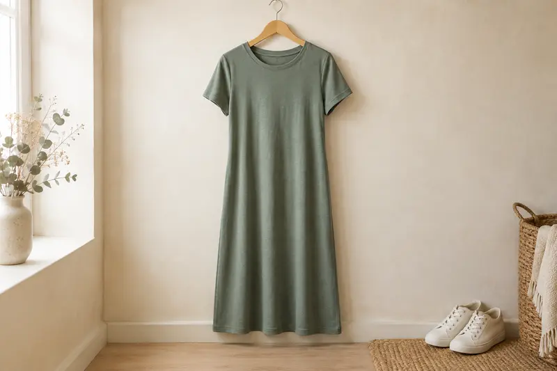 Robe tee-shirt unie suspendue sur un cintre dans un intérieur lumineux