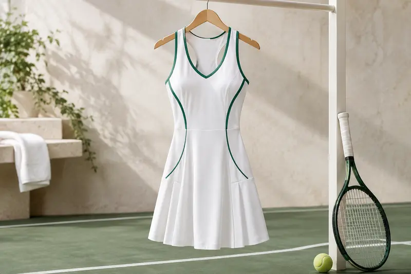 Robe de tennis femme présentée avec une raquette sur un fond de court