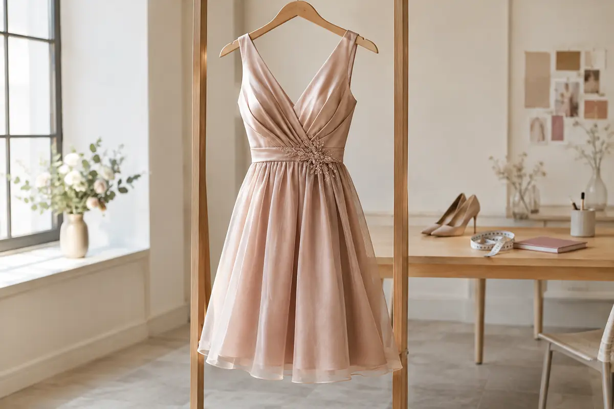 Robe de cérémonie sur cintre avec ruban de mesure et accessoires, évoquant le choix et le budget.