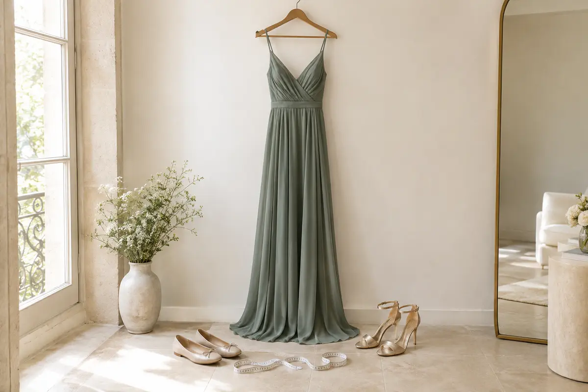 Robe longue sur cintre, mètre ruban et chaussures plates et à talons pour comparer l’ourlet.