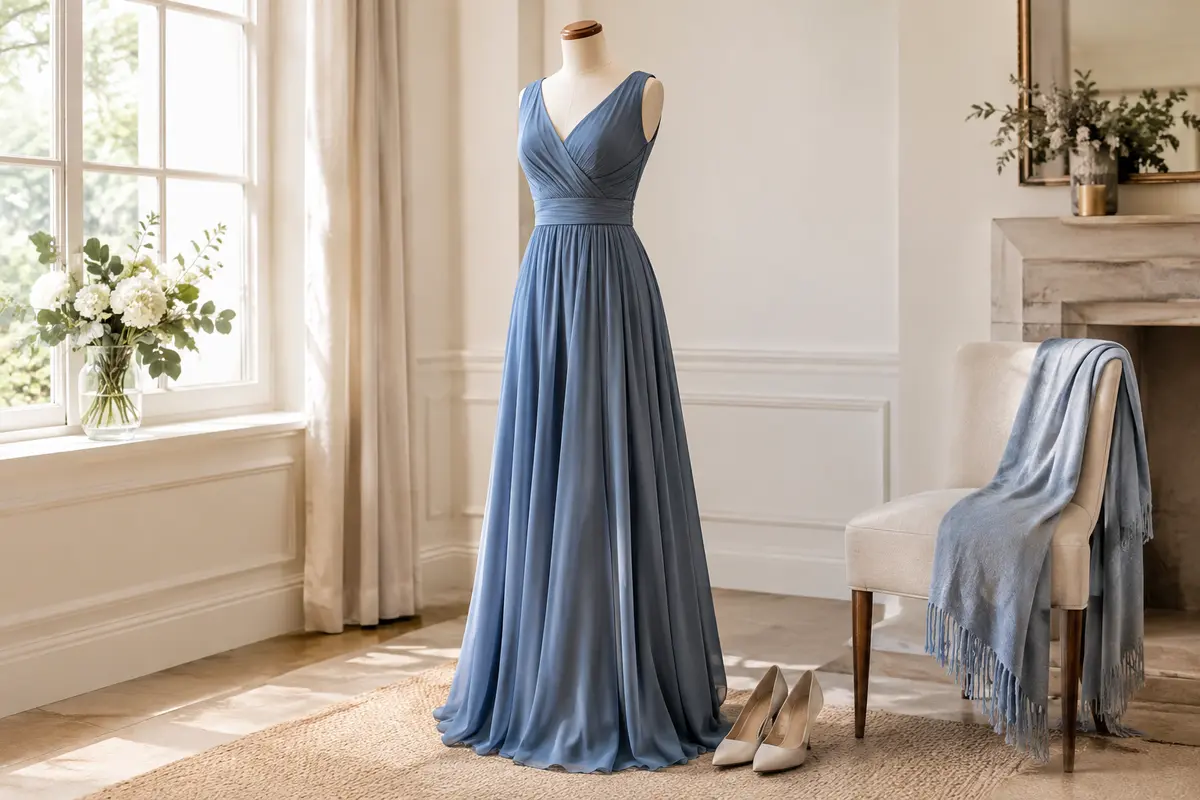 Robe de cérémonie fluide à taille haute, accompagnée d’un châle et de chaussures dans une pièce lumineuse