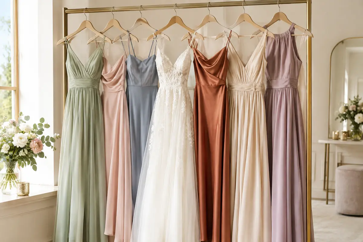Robes de cérémonie de coupes différentes, suspendues dans une palette coordonnée pour un cortège de mariage.