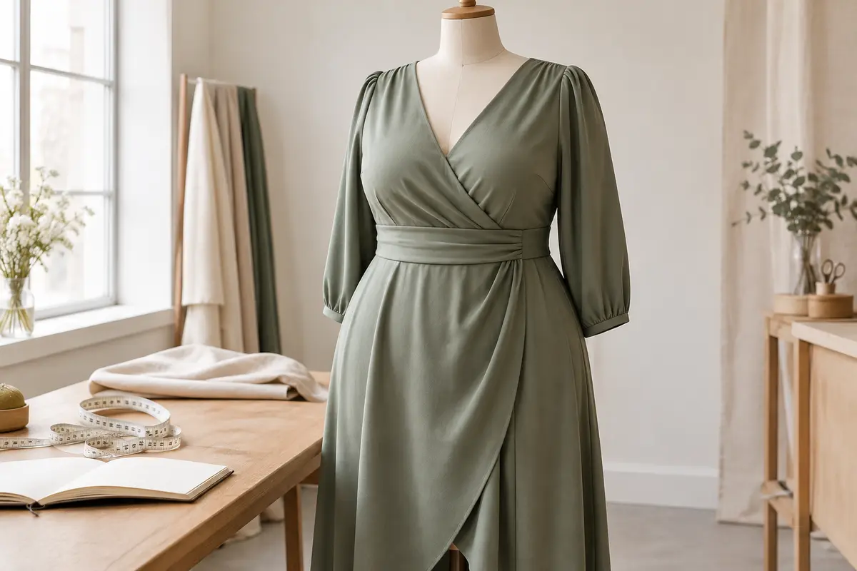 Robe grande taille sur mannequin de couture avec un mètre ruban, pour illustrer le choix selon les mesures.