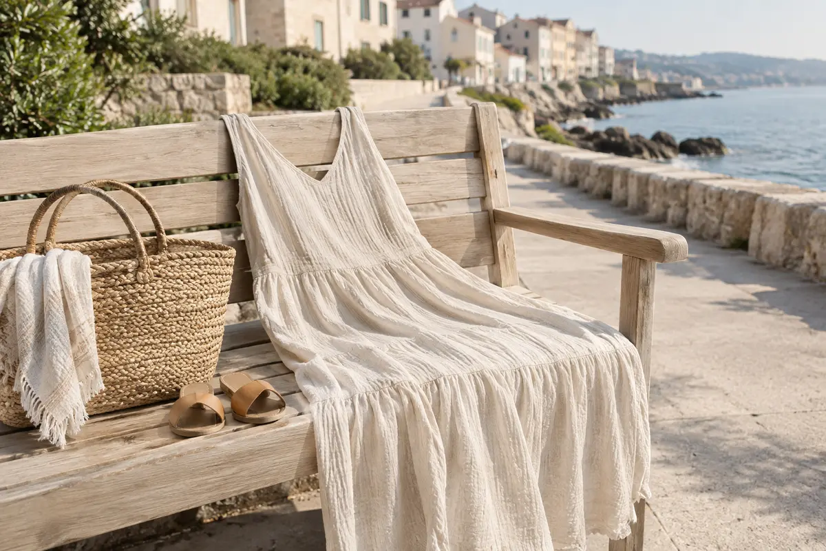 Robe de plage légère posée près d’un panier et de sandales, entre promenade côtière et ville