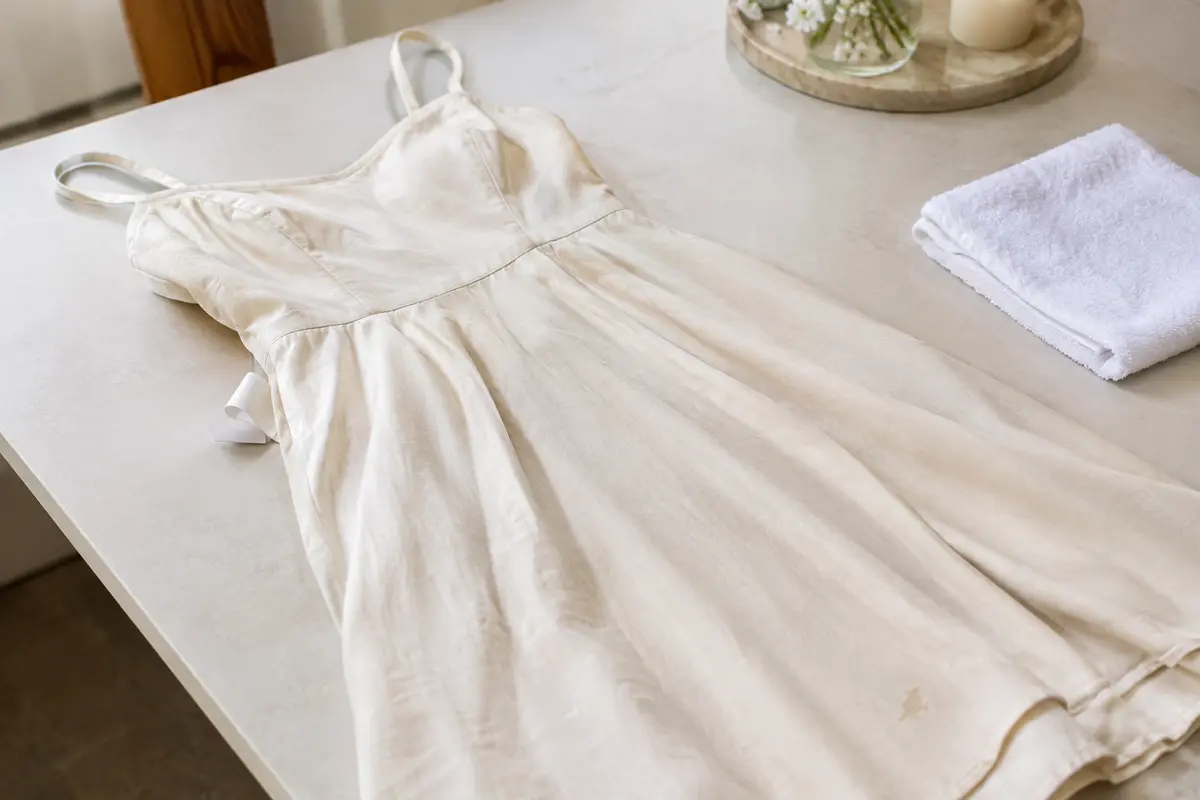 Robe claire posée à plat avec une petite tache et un linge blanc prêt à l’éponger