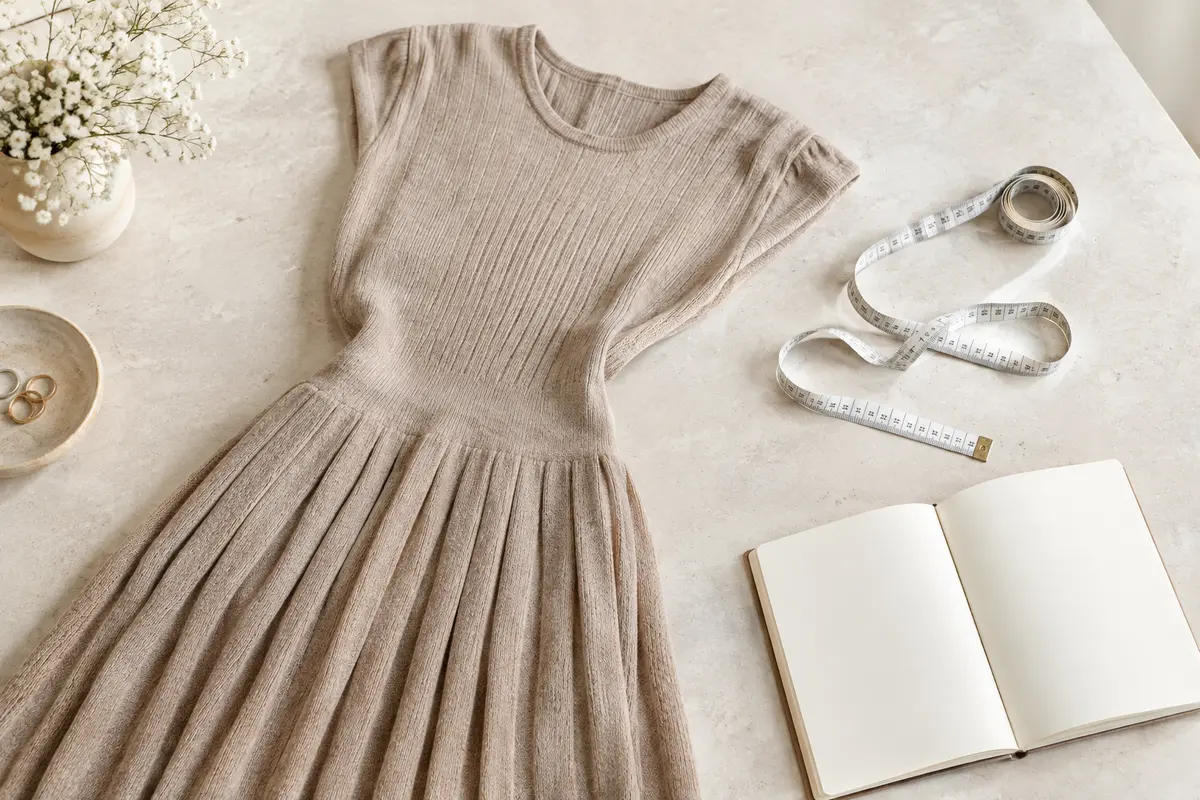 Robe en maille pliée à côté d’un mètre ruban souple et d’un carnet vierge