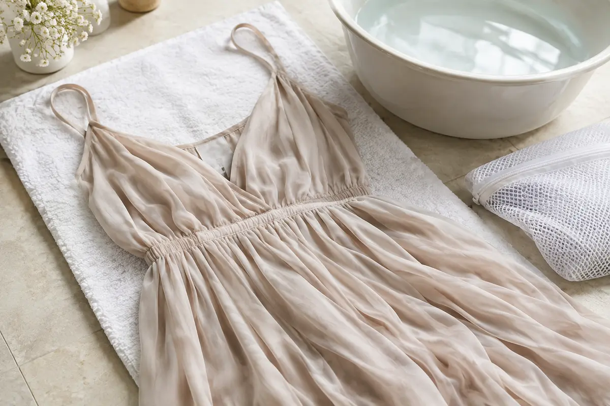 Robe délicate posée sur une serviette près d’une bassine pour un entretien doux