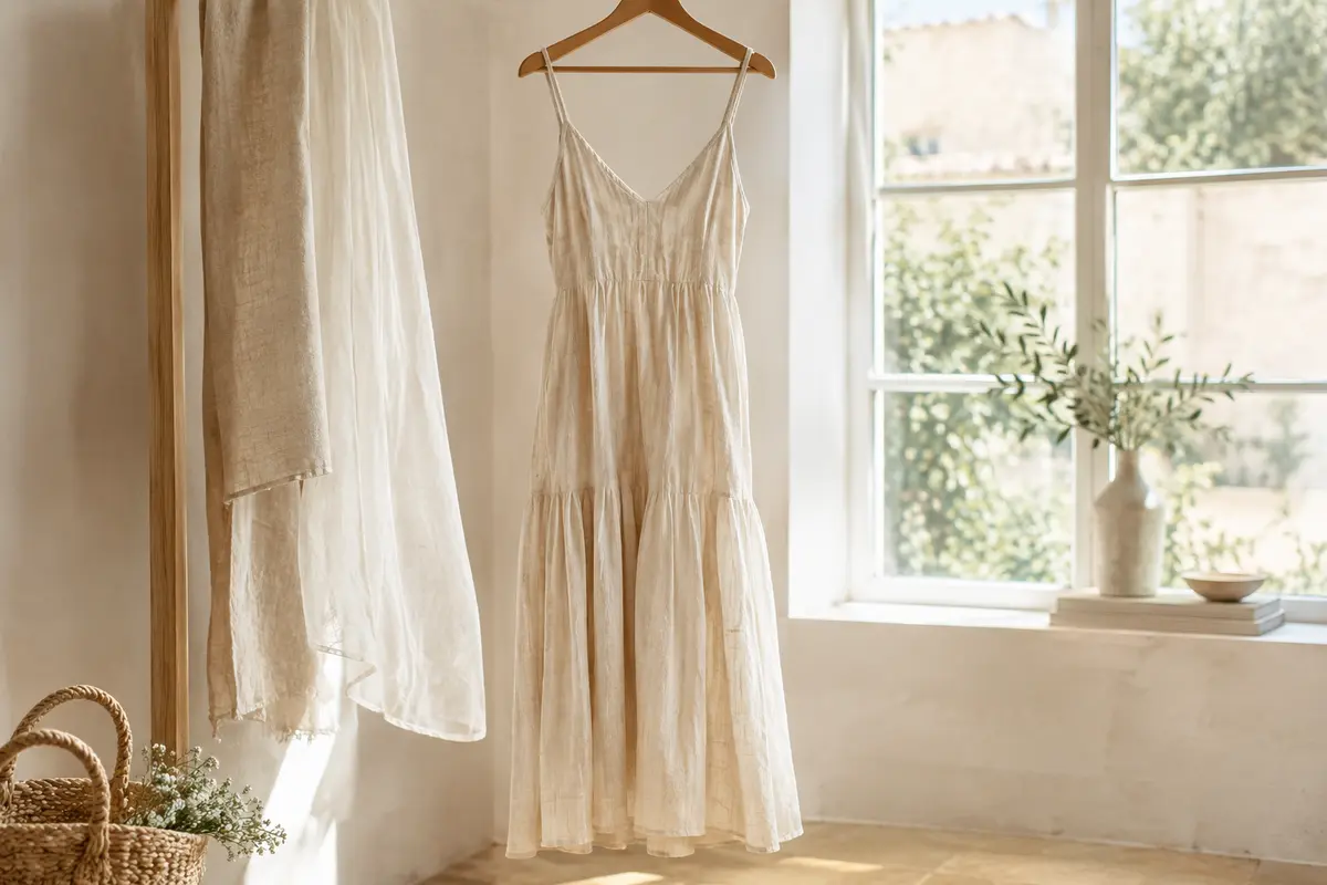 Robe d’été légère suspendue près d’une fenêtre, montrant le tombé et la texture du tissu