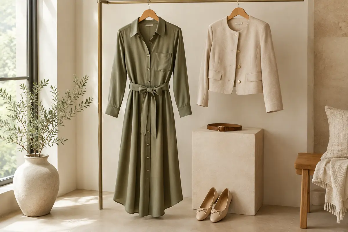 Robe chemise midi accompagnée d’une ceinture, de chaussures plates et d’une veste courte