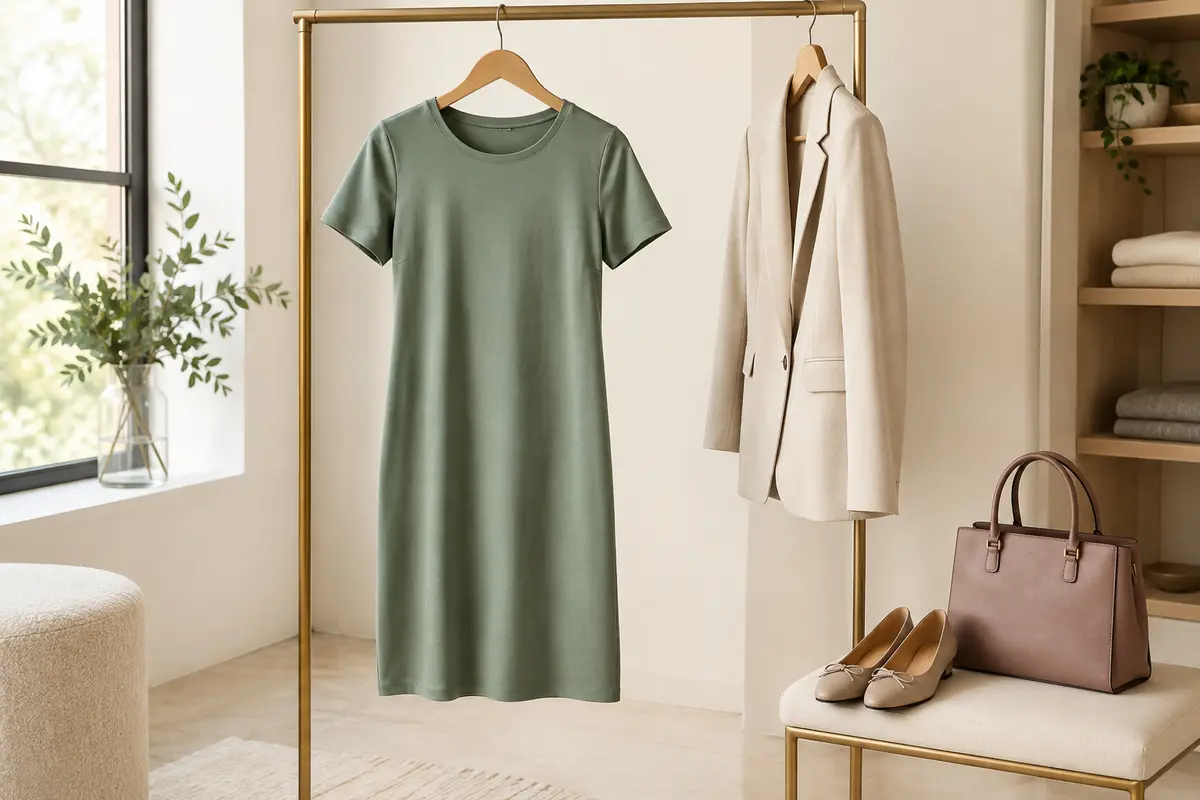Robe tee-shirt unie accompagnée d’une veste, de chaussures plates et d’un sac pour une tenue de bureau
