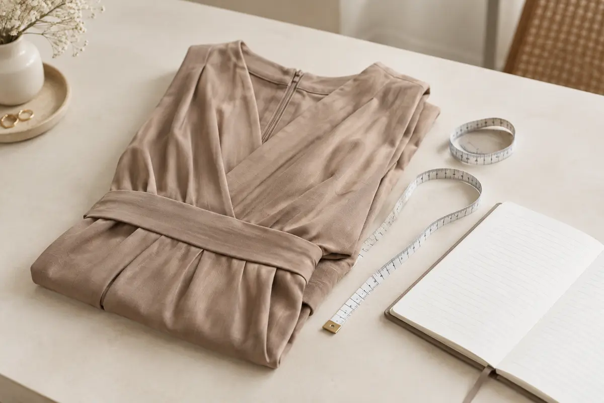 Robe pliée et mètre ruban souple illustrant la prise de mesures avant un achat en ligne