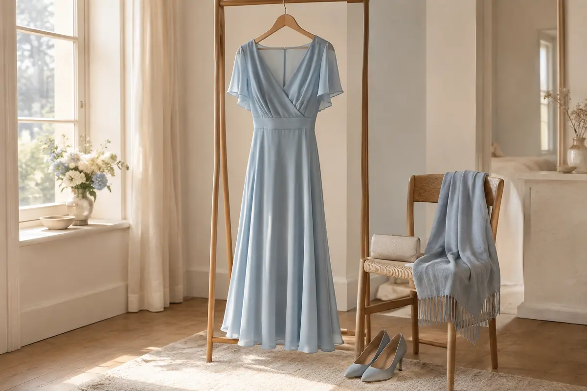 Robe midi bleu poudré et accessoires sobres préparés pour une invitée à un mariage