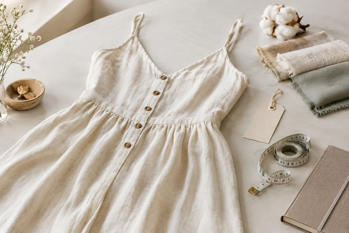 Robe d’été et échantillons de coton, lin et viscose présentés pour comparer les matières