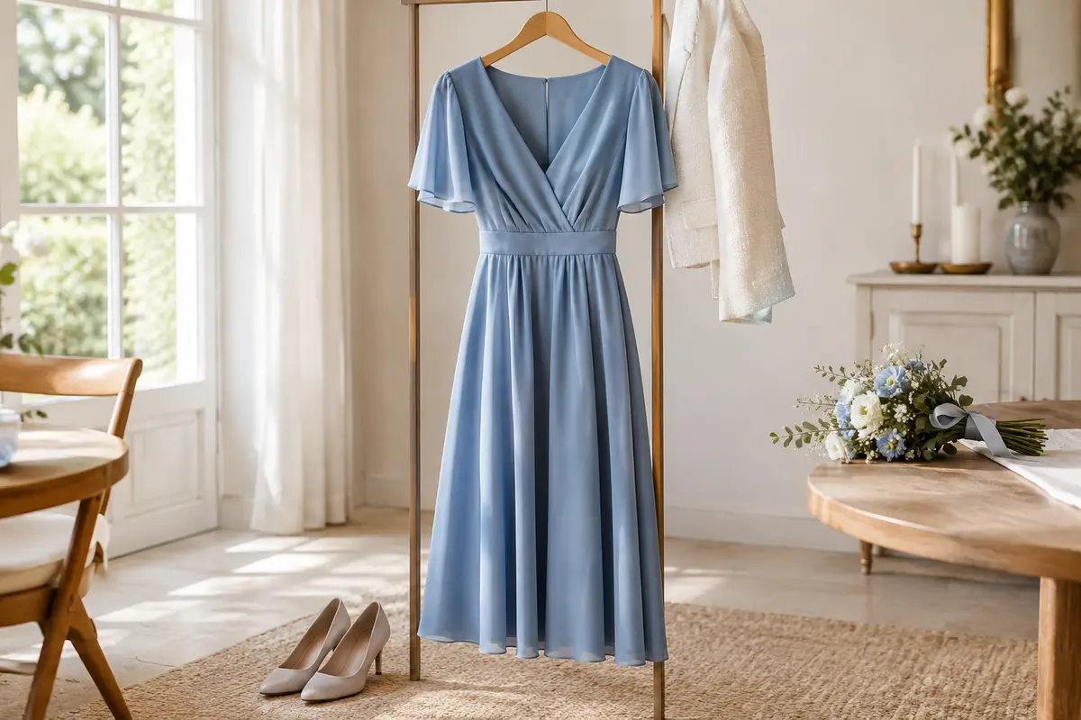 Robe midi bleu doux avec veste légère et chaussures sobres, préparée pour une cérémonie familiale.