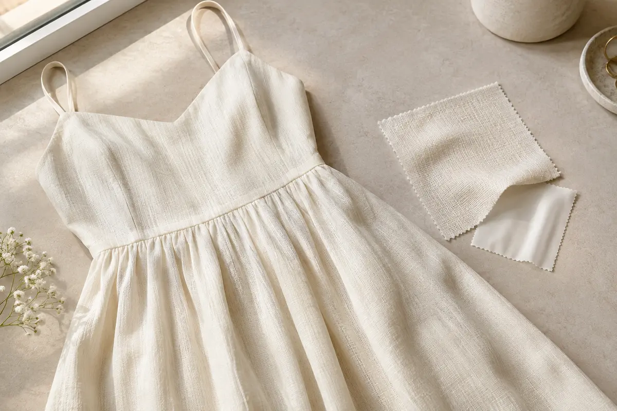 Robe ivoire posée à plat près d’un tissu et d’une doublure, éclairée par la lumière du jour.