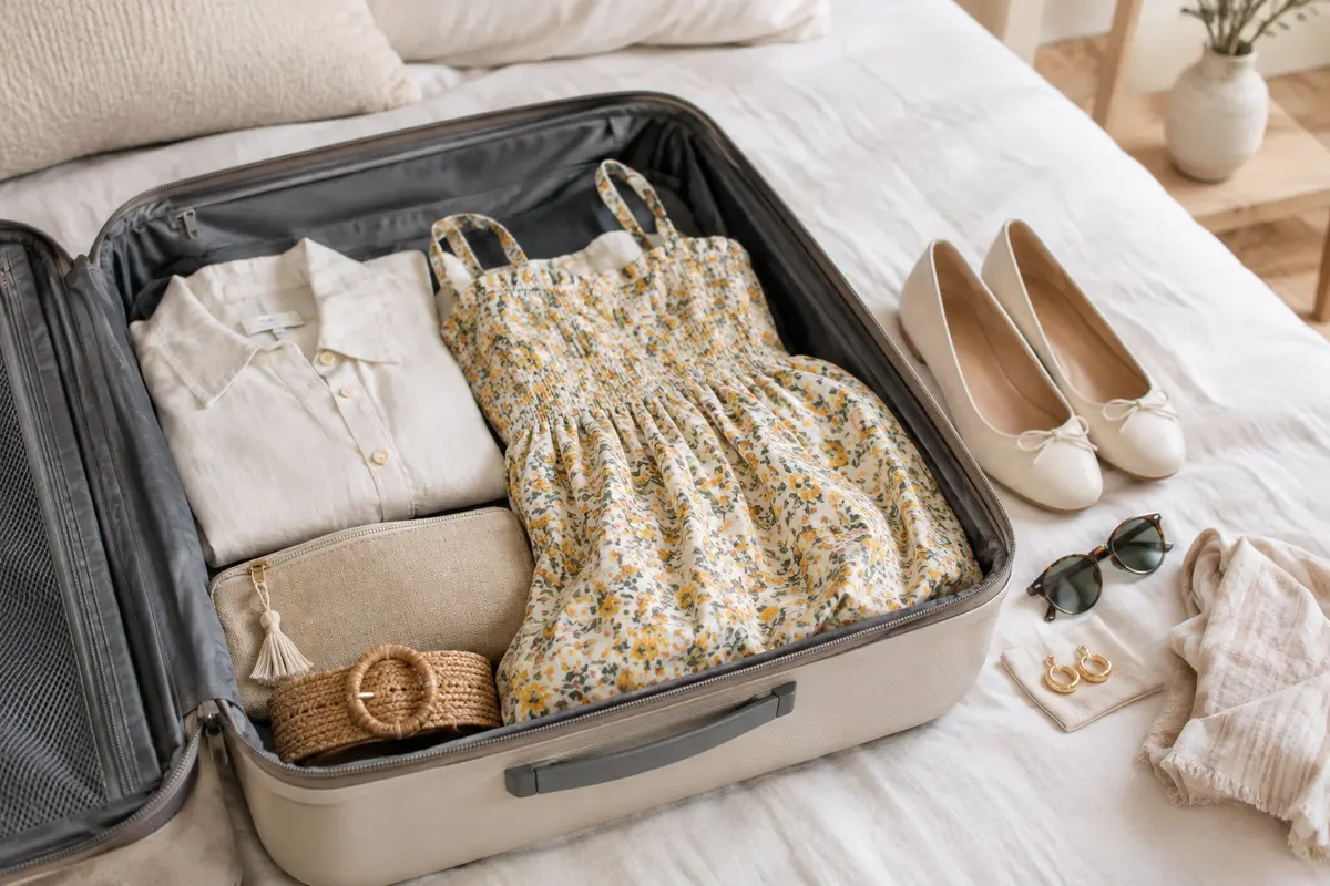 Valise ouverte contenant une robe d’été pliée et quelques vêtements coordonnés pour le voyage