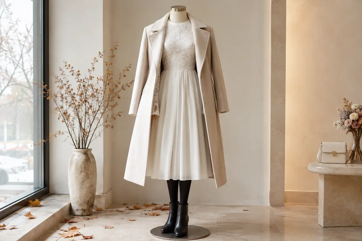 Robe midi de cérémonie avec manteau structuré, collants et bottines pour un mariage civil en hiver.
