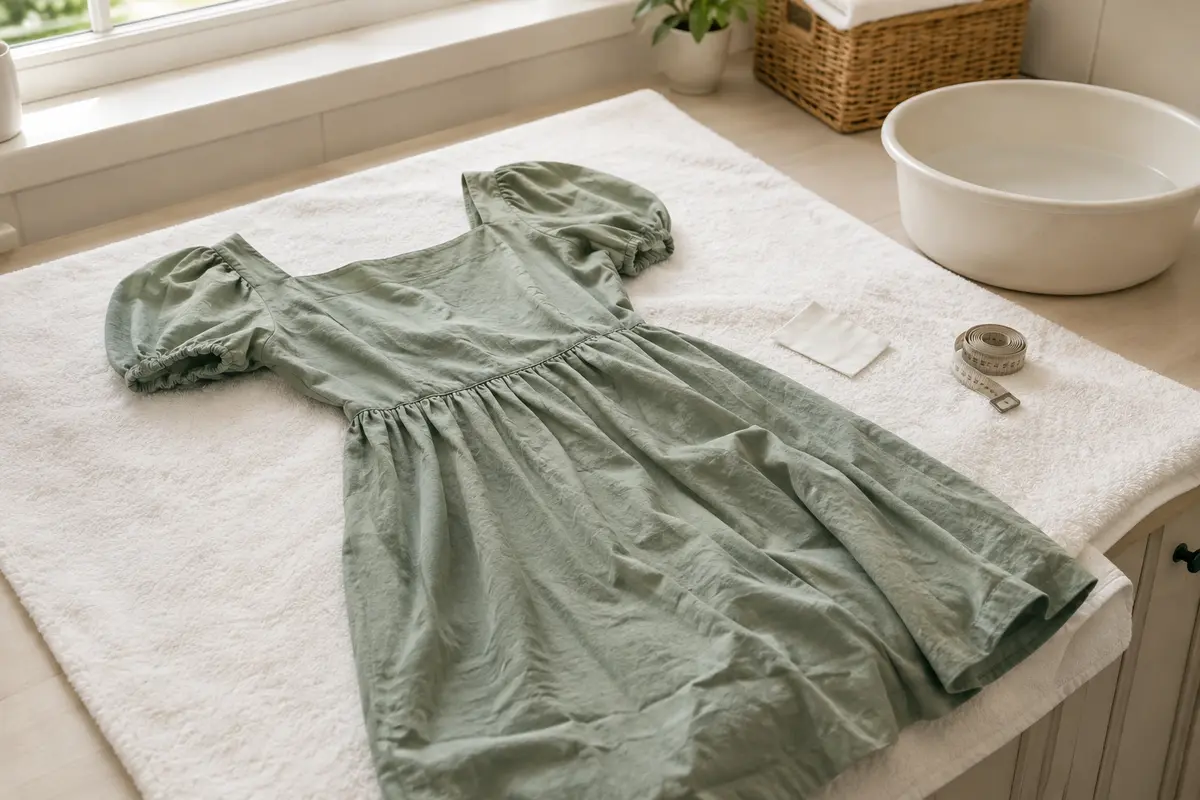 Robe posée à plat sur une serviette après lavage, avec une bassine et un mètre ruban à proximité.