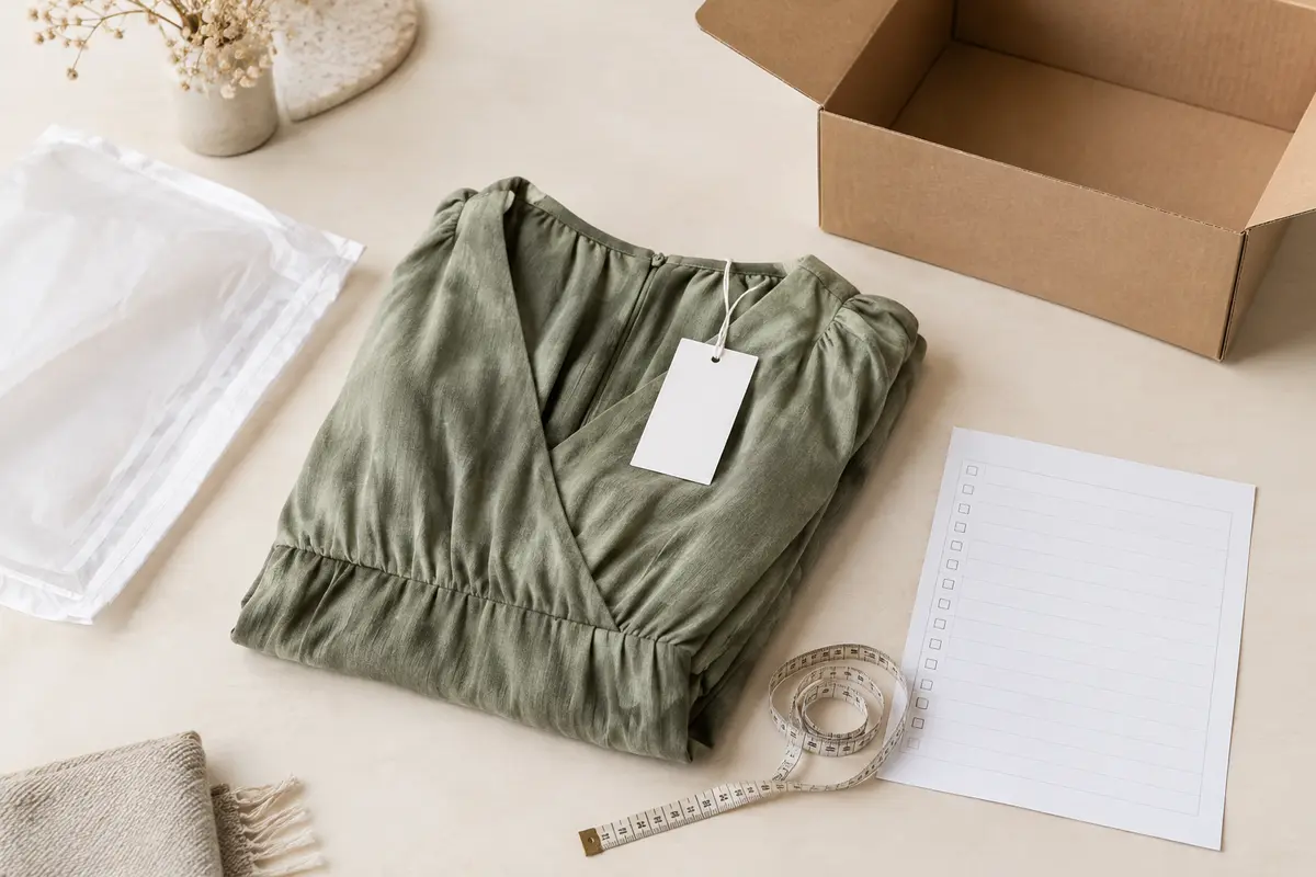 Robe pliée avec étiquette intacte, pochette de protection et carton pour préparer un éventuel retour.