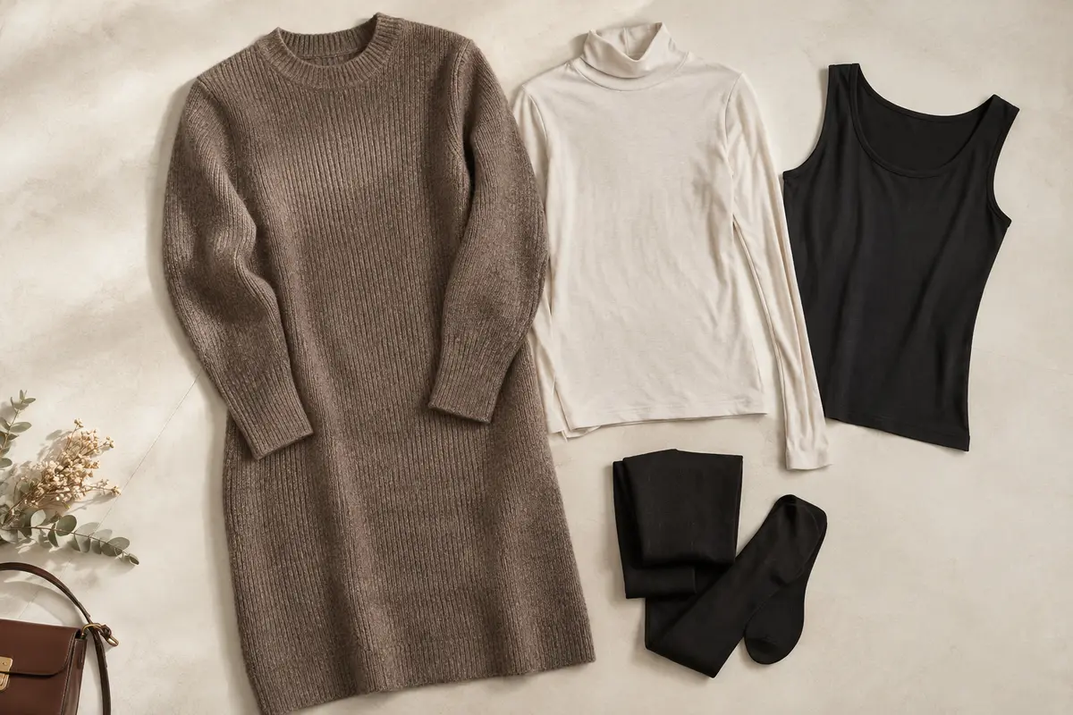 Robe pull en maille accompagnée d’un sous-pull fin et de collants pour une superposition d’hiver.
