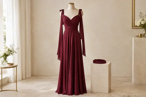 Robe longue bordeaux multiposition sur mannequin sans tête, avec son bandeau tubulaire présenté à côté