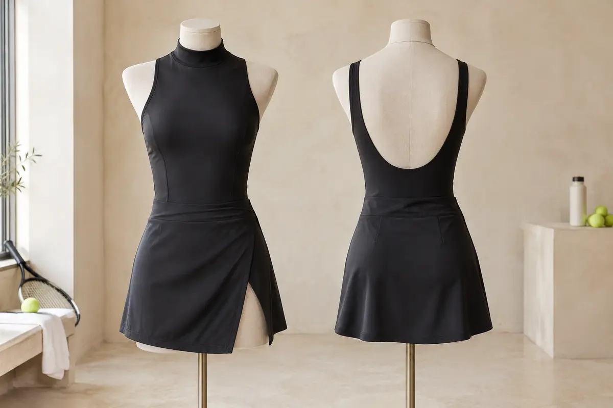 Robe de tennis noire sans manches à jupe portefeuille courte et short intégré, présentée sur mannequin