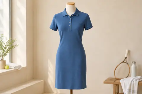 Robe polo bleue à manches courtes, col à quatre boutons et coupe ajustée, présentée sur un mannequin sans tête.