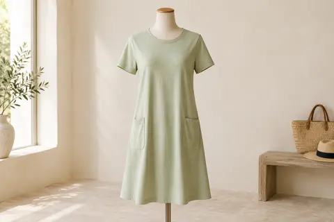 Robe T-shirt amande à manches courtes et poches, présentée sur un mannequin sans tête dans un intérieur lumineux.