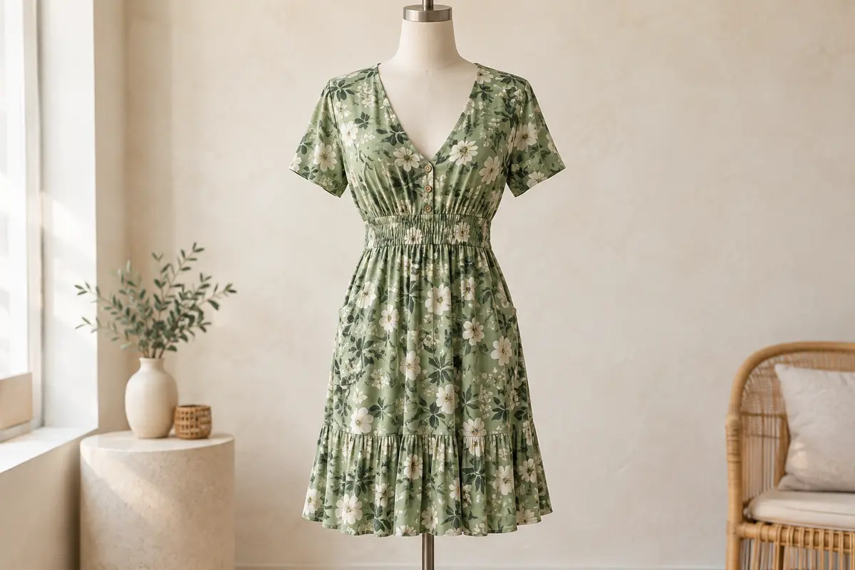 Robe d’été fleurie à manches courtes, col en V et poches, présentée sur un mannequin de vitrine