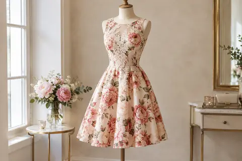 Robe cocktail vintage fleurie avec dentelle florale, présentée sur un mannequin sans tête dans un intérieur lumineux.