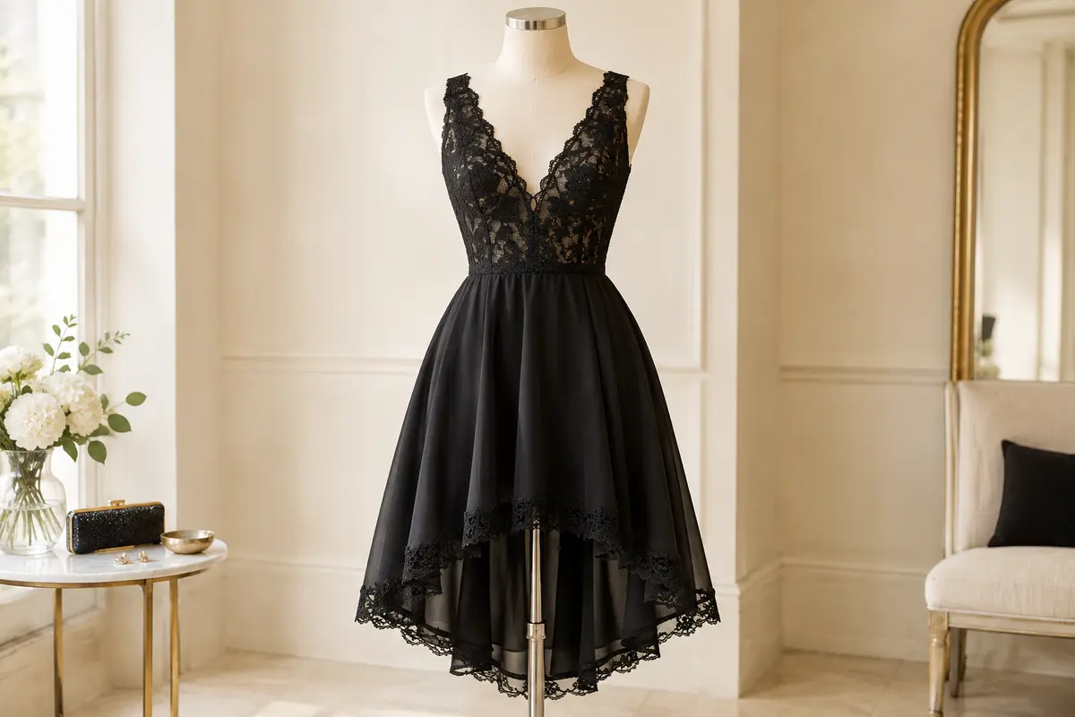 Robe de cocktail noire sur mannequin, avec haut en dentelle, décolleté en V et jupe asymétrique en mousseline