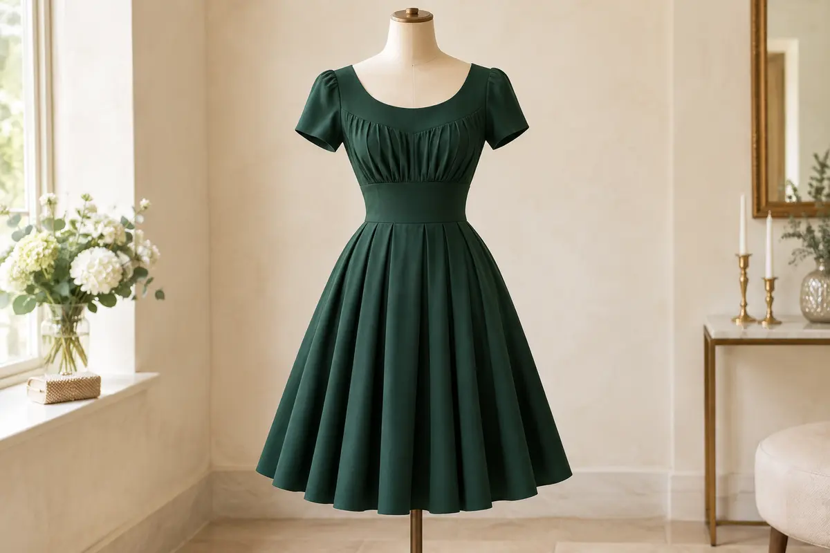 Robe cocktail vert foncé à manches courtes, corsage froncé et jupe évasée plissée sur mannequin sans tête.
