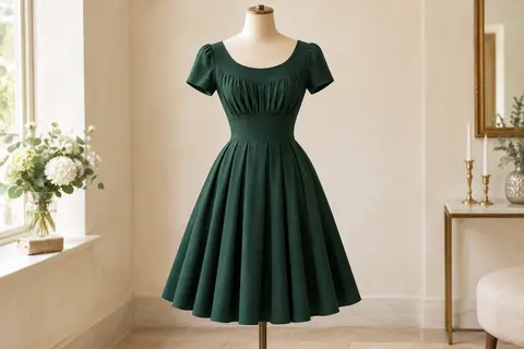 Robe cocktail vert foncé à manches courtes, corsage froncé et jupe évasée plissée sur mannequin sans tête.
