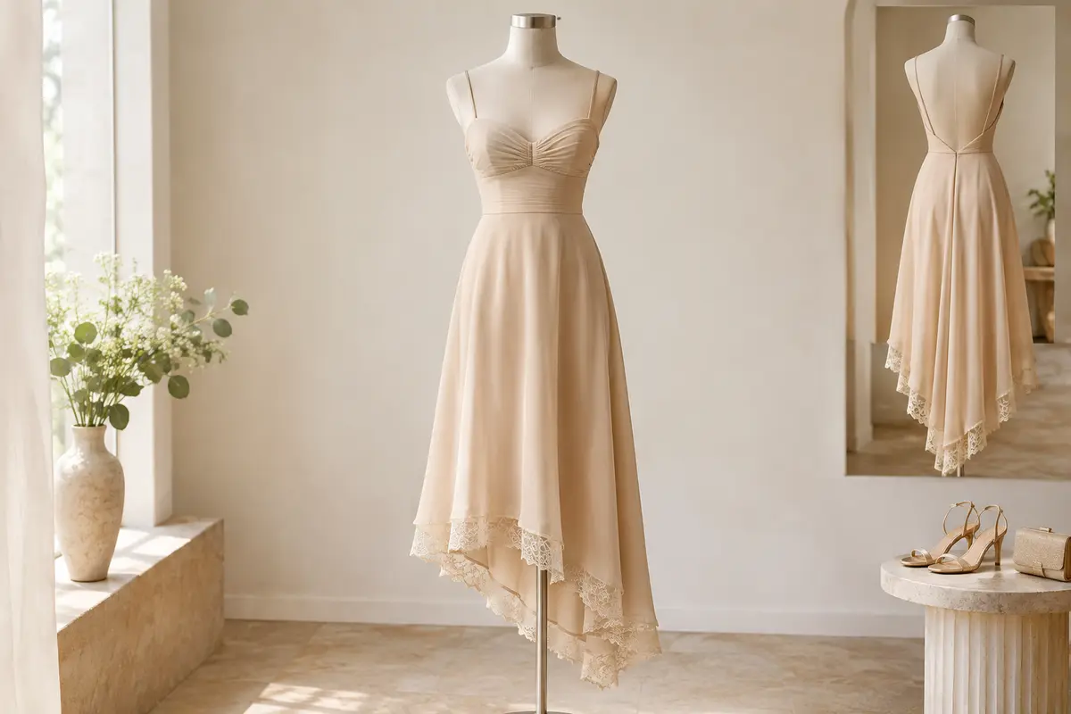 Robe de cocktail beige à bretelles, dos nu, jupe évasée midi et ourlet asymétrique bordé de dentelle