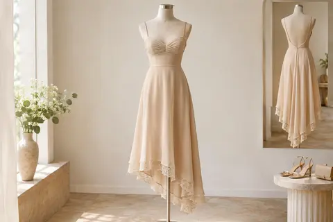 Robe de cocktail beige à bretelles, dos nu, jupe évasée midi et ourlet asymétrique bordé de dentelle