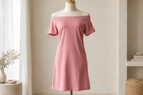 Robe tee-shirt unie en coton, à épaules dénudées, présentée sur un mannequin sans tête dans un intérieur lumineux.