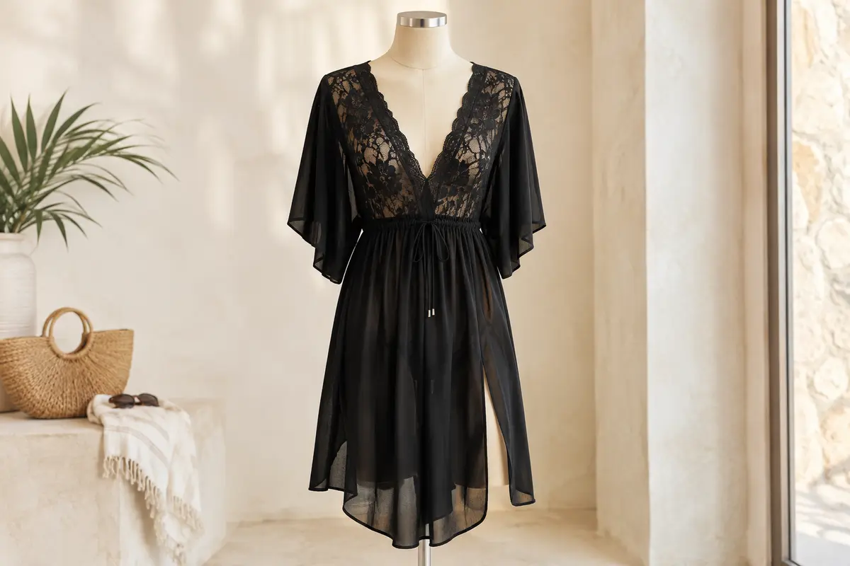 Robe cache-maillot noire en dentelle florale, à col V et ourlet fendu, présentée sur un mannequin sans tête.