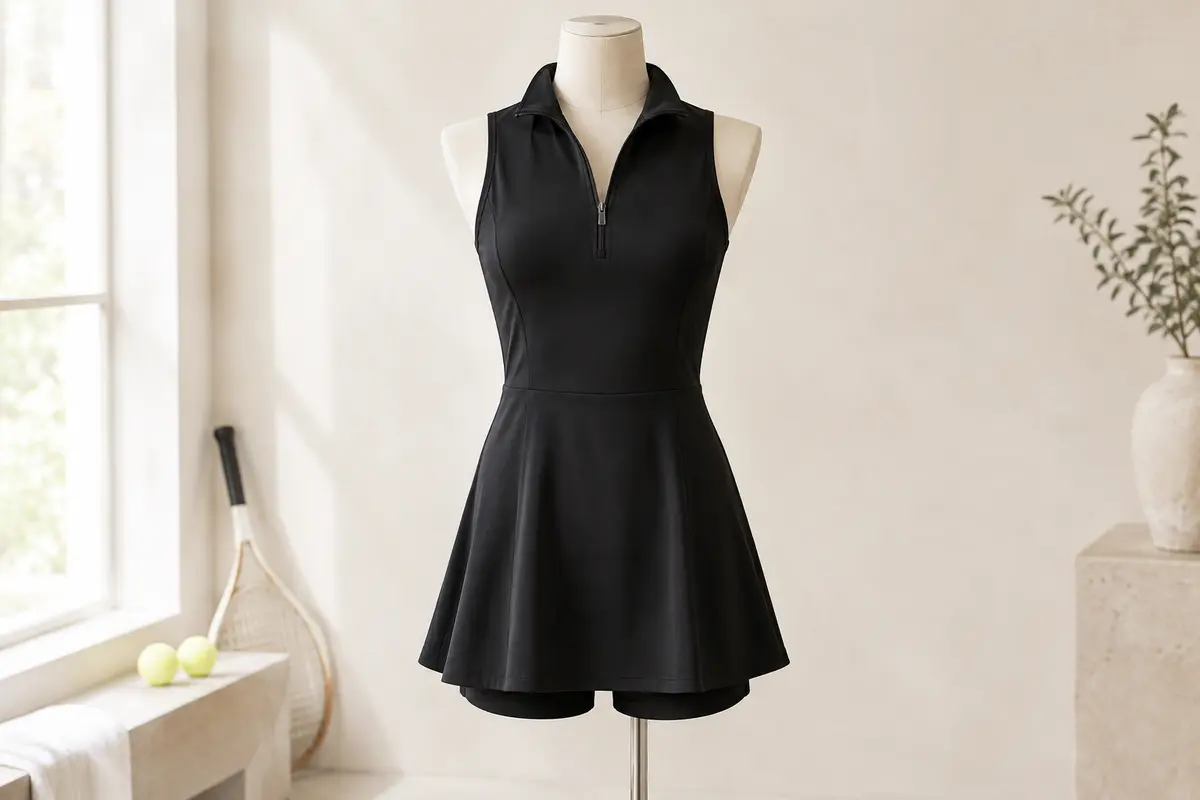 Robe de tennis sans manches sur mannequin de vitrine, avec col zippé et short intérieur assorti