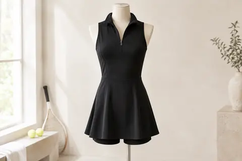 Robe de tennis sans manches sur mannequin de vitrine, avec col zippé et short intérieur assorti