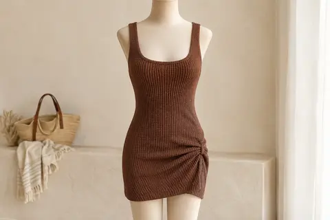 Robe de plage marron sans manches en tricot gaufré, avec un détail torsadé, présentée sur un mannequin sans tête.