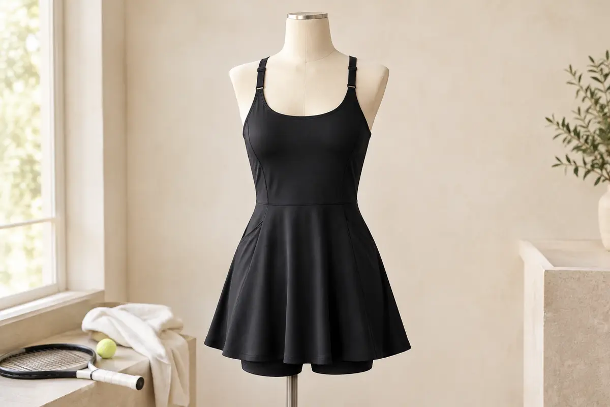 Robe de tennis noire à coupe évasée, avec bretelles réglables, poches et short intégré, sur mannequin sans tête.