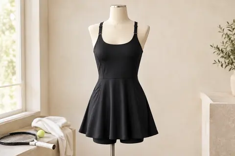 Robe de tennis noire à coupe évasée, avec bretelles réglables, poches et short intégré, sur mannequin sans tête.